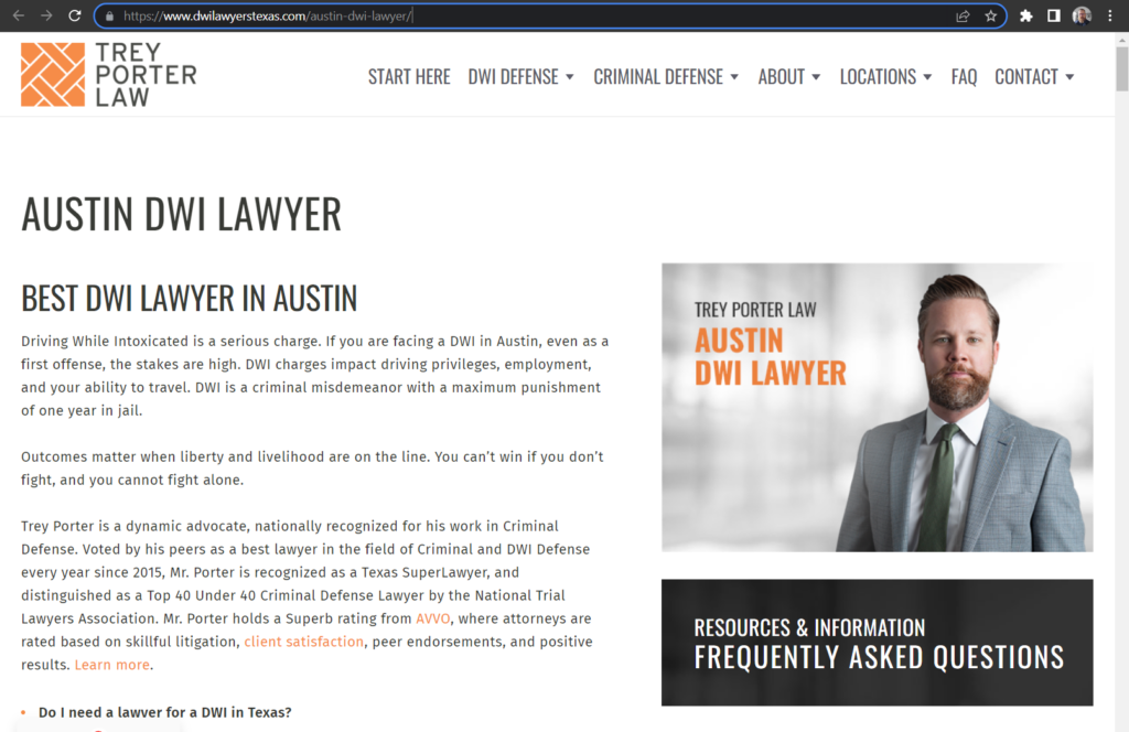 example local service page for a dui lawyer in austin, texas